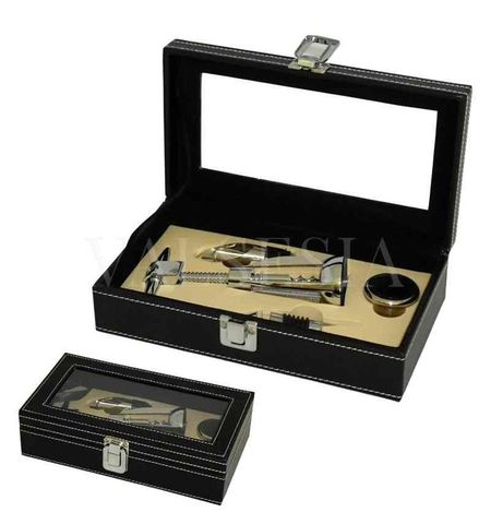 Black leather gift box with wine set 4 devices