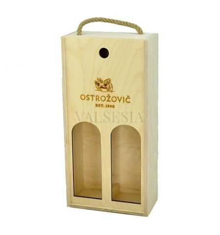 Wooden gift carrier with cutouts and logo J & J Ostrožovič for 2 bottles
