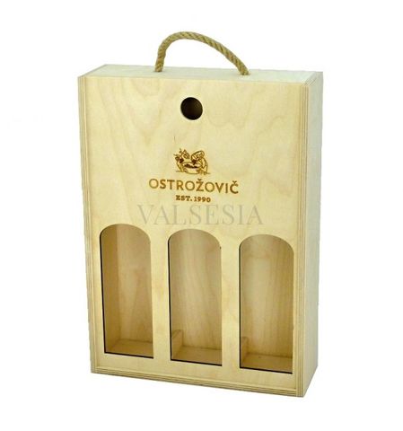Wooden gift carrier with cutouts and logo J & J Ostrožovič for 3 bottles
